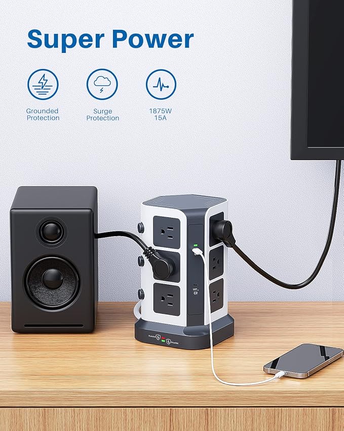 KOOSLA [65W] PD Power Strip Tower Surge Protector, USB C Desktop Charging Station with 12 Widely Spaced AC Outlets / 2 USB-C / 3 USB-A Ports, 6.5ft Heavy-Duty Extension Cord for Home Office Dorm…