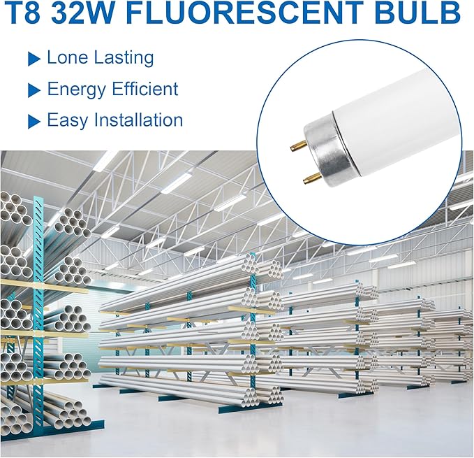 F32T8/865 Fluorescent Light Bulb, 48 Inch, 32 Watts, 6500K Daylight, 2800 Lumens, G13 Bi-Pin Base, 4FT T8 Fluorescent Tube Light Bulbs - 5 Pack