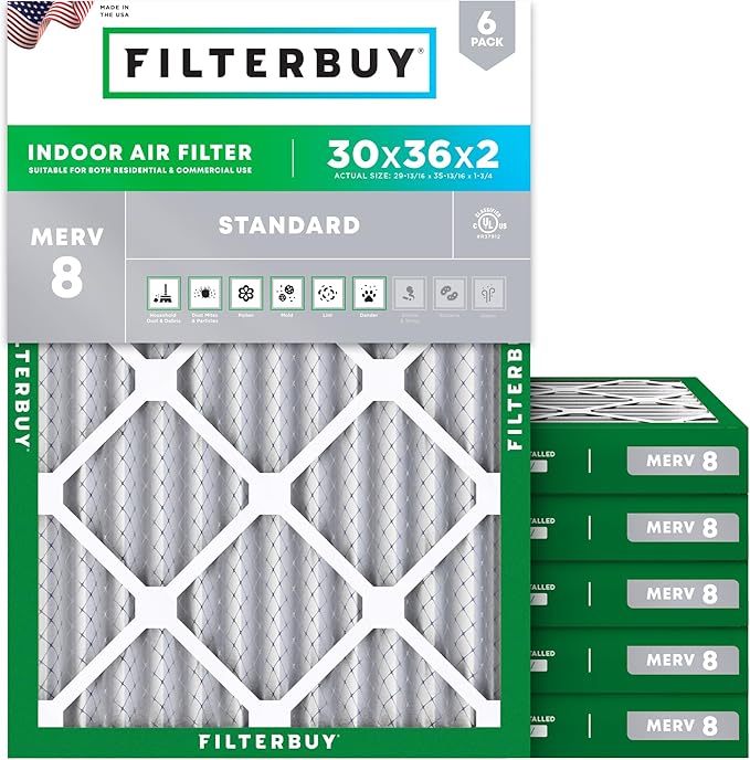 Filterbuy 30x36x2 Air Filter MERV 8 (MPR 700) Dust Defense Replacement (6-Pack), Electrostatic Pleated HVAC AC Furnace Filters, Made in USA (Actual Size: 29.81 x 35.81 x 1.75)