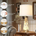 27" Natural Alabaster And Real Wood Table Lamp Set of 2 With Night Light Nightstand Lamps With USB Ports White Linen Fabric Shade Bedside Lamp Decor For Living Room Bedroom Home Office Hotel Bar House