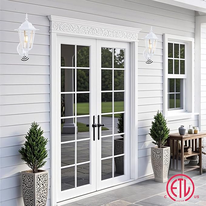 GRUENLICH Dusk to Dawn Outdoor Wall Sconce, Exterior Front Porch Lighting with Clear Glass, White Aluminum Outside Coach Light for Patio Doorway Garage, 1 Pack