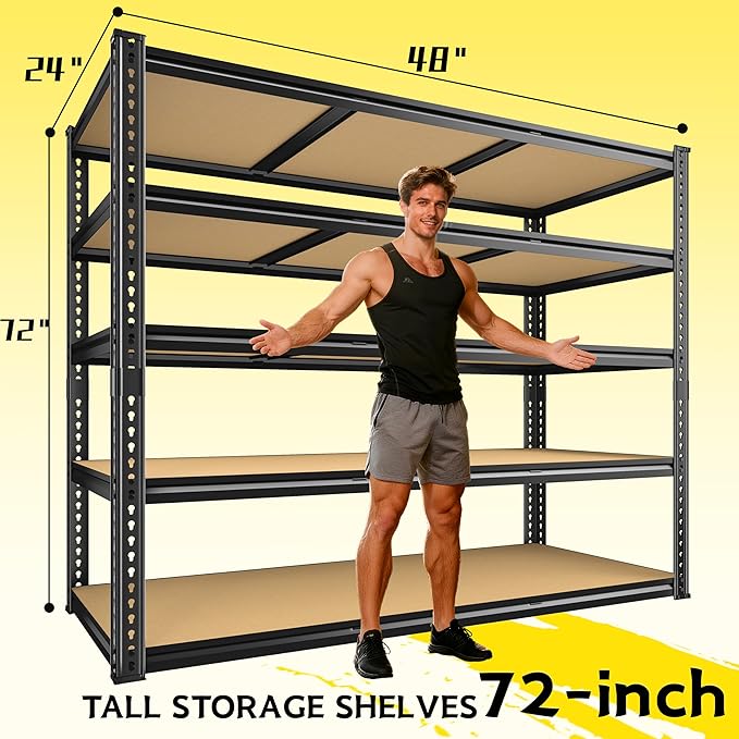 3200LBS Garage Shelving Heavy Duty 5 Tier Garage Storage Shelving, Adjustable Metal Shelving Unit Utility Rack Shelf for Warehouse, Pantry, Closet, Kitchen 72" H x 48" W x 24" D, Black,2PCS