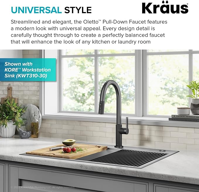 KRAUS Oletto High-Arc Single Handle Pull-Down Kitchen Sink Faucets in Spot Free Black Stainless Steel, Kitchen Faucets with Pull Down Sprayer, KPF-2820MBSFSB
