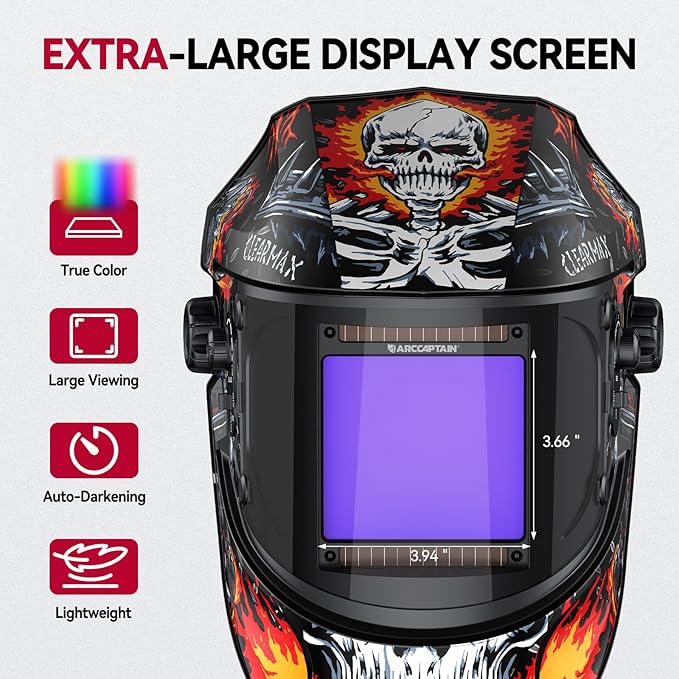 ARCCAPTAIN Large Viewing Screen 3.93"X3.66" Welding Helmet, True Color 1/1/1/1 Solar Power Auto Darkening Welding Hood with 4 Arc Sensor, Wide Shade 4/5-9/9-13 for TIG MIG ARC, Skeleton