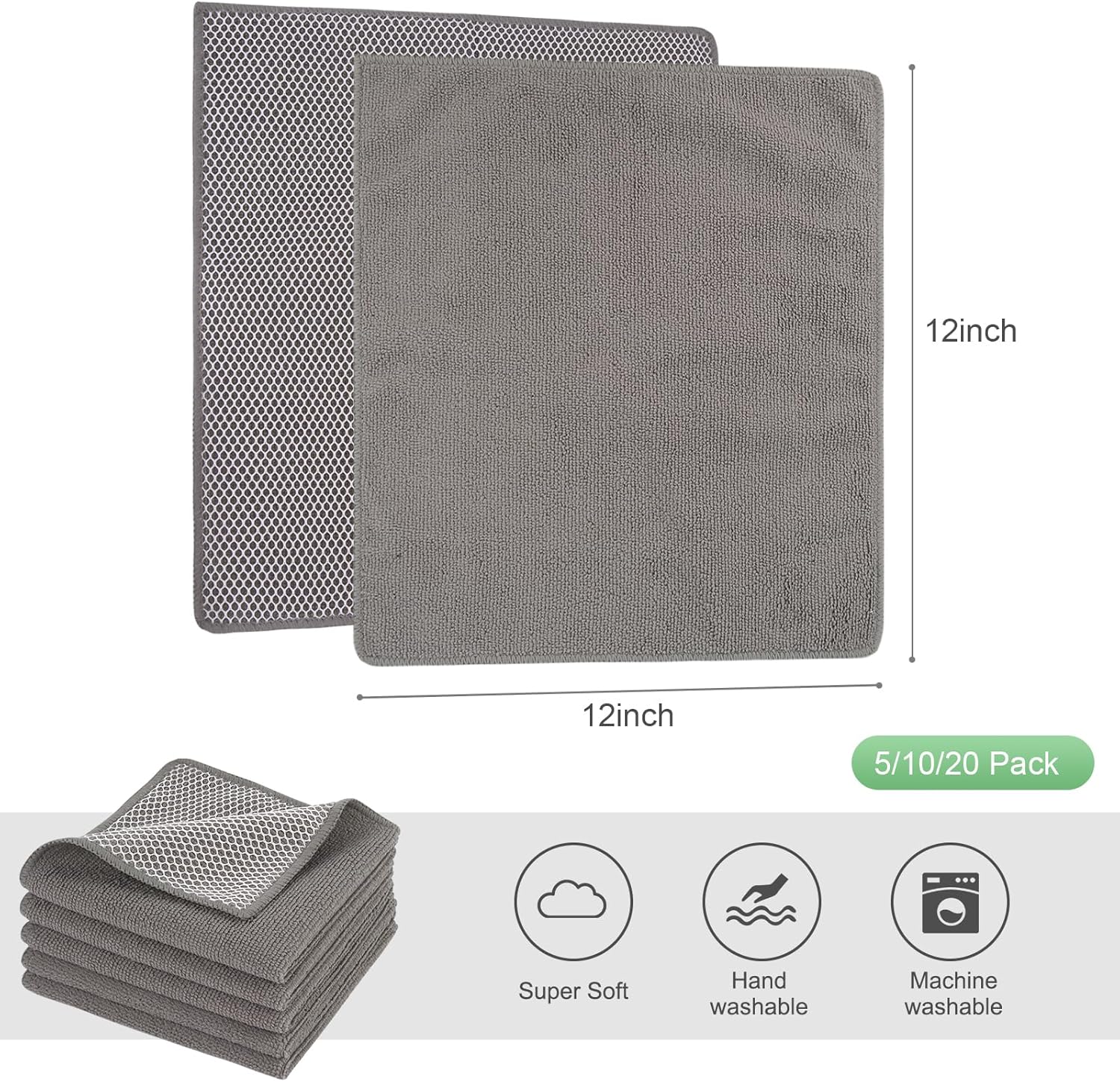 SINLAND Microfiber Dish Cloth Dish Rags for Washing Dishes Best Kitchen Cloths Cleaning Cloths with Poly Scour Side 12Inchx12Inch 20Pack Grey