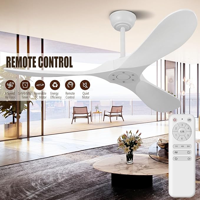 52" White Outdoor Ceiling Fan No Light,Solid Wood Modern Ceiling Fans Without Lights, Quiet High Cfm Energy Efficient 3 Blade Farmhouse Patio Dc Motor Rustic Exterior Large Living Room Ceiling Fan