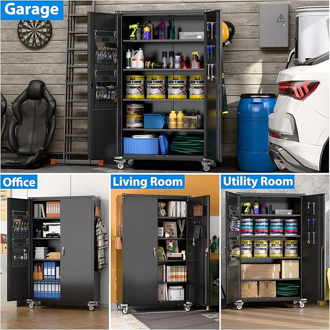 72" H Extra Wide and Deep Garage Storage Cabinet with Wheels & Pegboard, Large Locking Metal Storage Cabinet with 2 Doors and 4 Adjustable Shelves for Garage, Home, Black