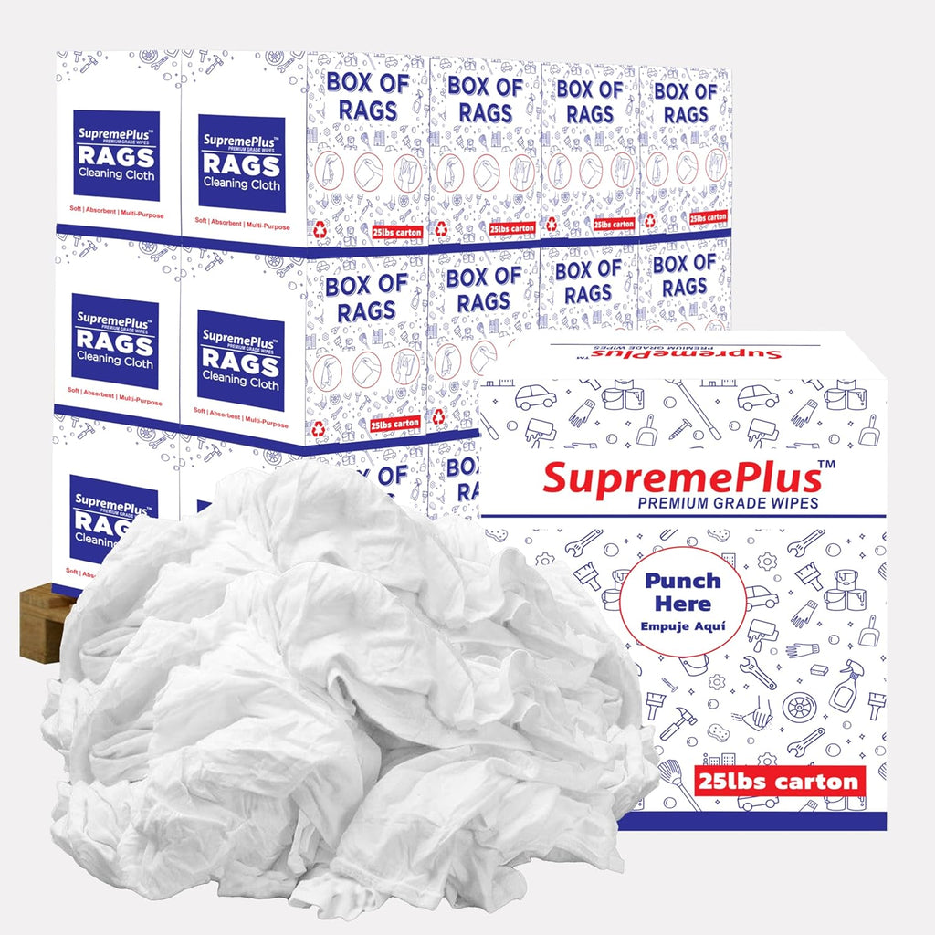 Premium White T-Shirt Cleaning Rags (600 lbs. Pallet 24x25 lbs. Box) – White Cotton Rags for Cleaning, Staining, Painting, Oil, Grease & Dust Removal – Shop Rags Bulk for Multipurpose use