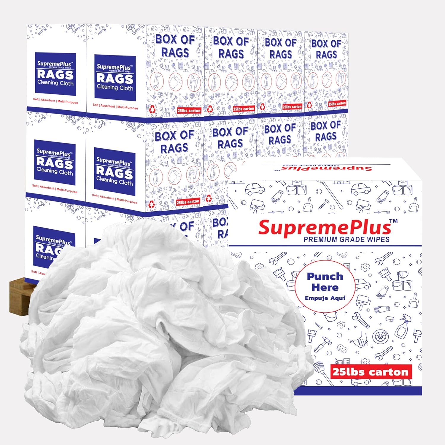 Premium White T-Shirt Cleaning Rags (600 lbs. Pallet 24x25 lbs. Box) – White Cotton Rags for Cleaning, Staining, Painting, Oil, Grease & Dust Removal – Shop Rags Bulk for Multipurpose use