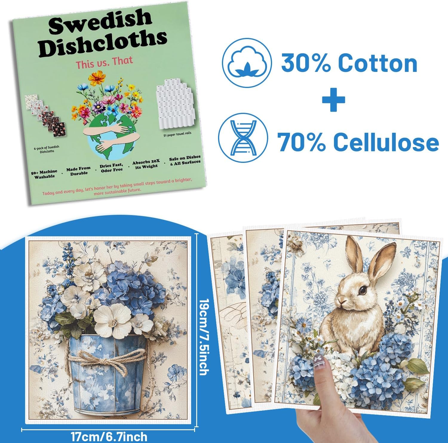 Vintage Swedish Dishcloths for Kitchen, 6PCS Flower Blue Peacock Swedish Dish Cloths Gift Set, Reusable Absorbent Cellulose Sponge Dish Towel for Home Cleaning(7.8 X 7 Inches)
