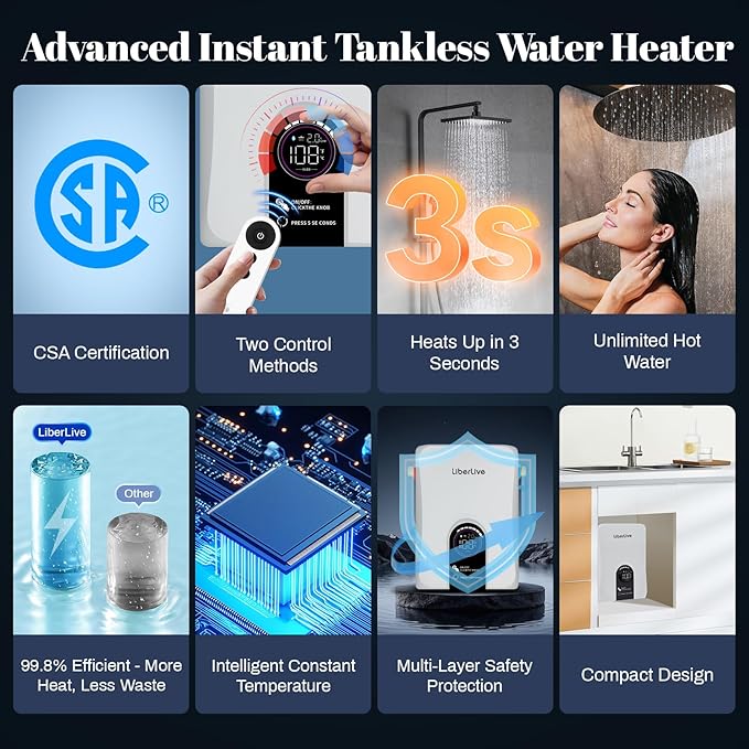 Electric Tankless Water Heater, 13kW 240V on Demand Instant Endless Electric Hot Water Heater for Residential Whole House Shower, Self-Modulating LED Display Knob Control, CSA Certified, Space Saving