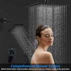 Shower Faucet Set, 12" Ceiling Mount Rainfall Shower System with 2 Rain Shower Head and Multi-function Handheld Head Push Button Diverter Shower Faucet Trim Kit (12", Matte Black)