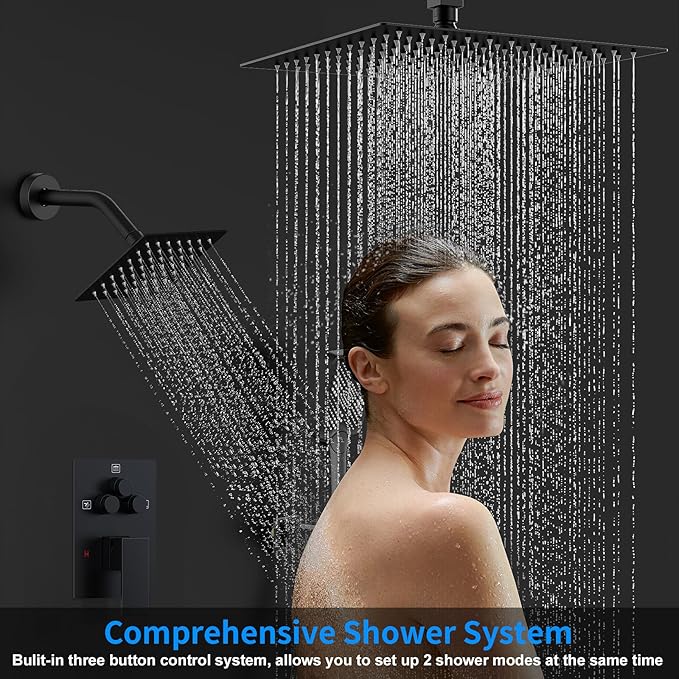 Shower Faucet Set, 12" Ceiling Mount Rainfall Shower System with 2 Rain Shower Head and Multi-function Handheld Head Push Button Diverter Shower Faucet Trim Kit (12", Matte Black)