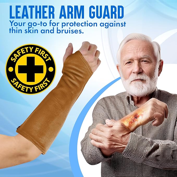 Arm Chaps Leather Protective Sleeves Arm Guard - Prevent Cuts, Scratches & Bruises - Genuine Cowhide - Ideal for Gardening & Construction - Left & Right Form-Fitting. Brown (1 Pair/X-Large).