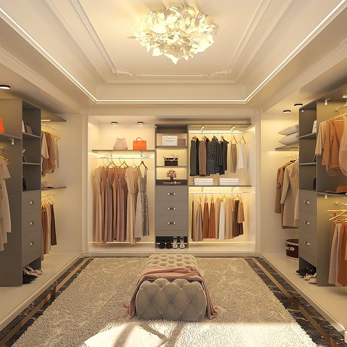 8FT Closet System, 96'' Closet Organizer System with 3 Hanging Rods, Wall Mount Bedroom Wardrobe with 3 Drawers Walk-in Closet, Adjustable Cloth Garment Rack from 5 to 8FT (Cut to Fit), Grey