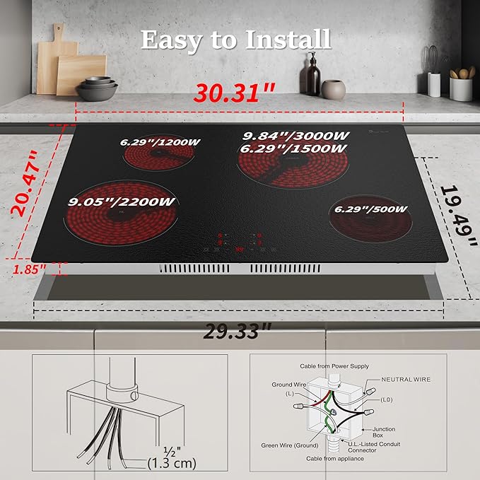 Electric Cooktop 30 Inch, Matte Glass Electric Stove Top 4 Burners with Sensor Touch Control, Fast Heat, Multiple Safety Protection, 6900W with Hard Wire for 220V~240V