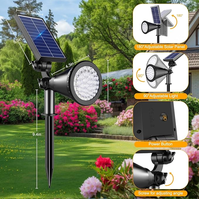 Solar Lights Outdoor Waterproof, 36 LEDs 1000LM Adjustable Solar Spot Lights Outdoor, 2-in-1 Solar Powered Spotlight Landscape Lighting for Garden, Yard, Pathway- 1 Pack (Cool White)