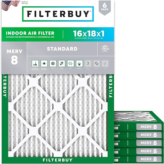 Filterbuy 16x18x1 Air Filter MERV 8 (MPR 700) Dust Defense Replacement (6-Pack), Electrostatic Pleated HVAC AC Furnace Filters, Made in USA (Actual Size: 15.50 x 17.50 x 0.75)