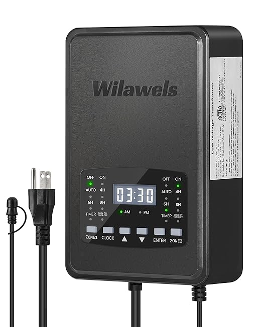 500W Low Voltage Landscape Transformer, 2 Zone Independent Control Landscape Lighting Transformer, 120VAC to 12/14V AC Low Voltage Transformer with Timer & Photocell Sensor ETL Listed D24LT06