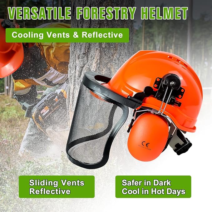 Chainsaw Helmet with Face and Ear Muffs, Forestry Safety Helmet for Mowing, Trimming, Yard Work, Landscaping, Construction and Weed Whacking