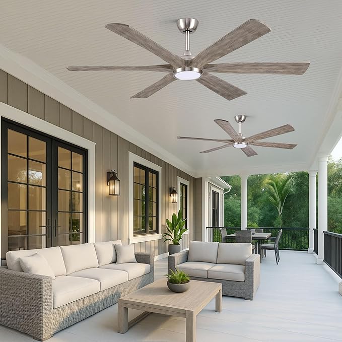 60" Indoor Outdoor Ceiling Fan with Light Remote - 6 Solid Wood Blades, High CFM Quiet Reversible Energy Efficient DC Motor, 6/12/24" Down-rod, Damp-rated for Patios Porch Gazebo Garage, Modern Gray