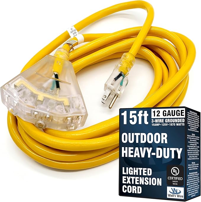 Outdoor Extension Cord Waterproof (15 ft) 12 Gauge Heavy Duty Extension Cord Splitter - Lighted Outdoor Extension Cords with Multiple Outlets - Watts Wire - 15' Grounded - extensiones electricas