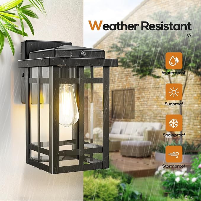 2 Packs Dusk to Dawn Outdoor Wall Lighting 9.76'', Exterior Light Fixture Wall Mount for House Front Porch Light, Black Anti-Rust Modern Outdoor Lantern with Tempered Glass Shade for Garage