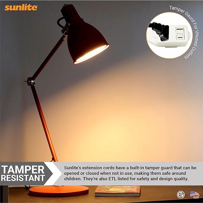 Sunlite 6-Foot Household Extension Cord, Three 2-Prong Polarized Sockets, Tamper Guards, Indoor Use, for Small Appliances, Electronics, Lamps, Fans, ETL Listed, SPT-2, 1625 Watts 13 Amps, 125V, White