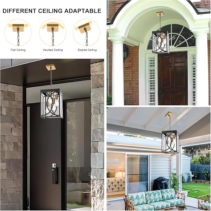 4-Lights Large Outdoor Pendant Light Fixture, E26 Bulb Base Porch Hanging Lighting in Black & Brushed Brass, Modern Exterior Lantern Chandelier Ceiling Mount for Patio Front Door