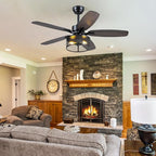 48" Black Farmhouse Ceiling Fan with Light and Remote, Industrial Cage Design, Rustic Flush Mount for Bedroom Living Room, E26 Base, DC Motor, 6-Speed Reversible with Timer, Dual Blades