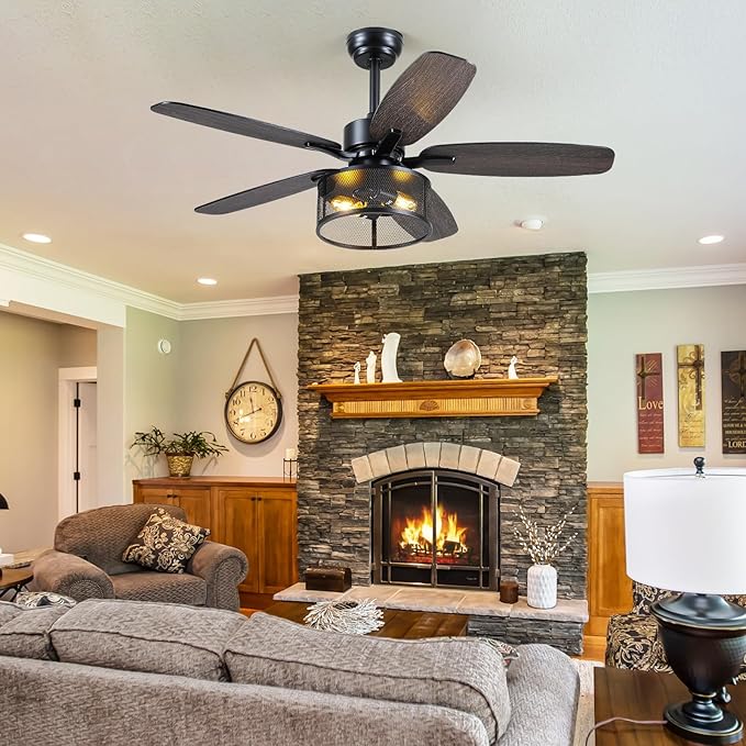 48" Black Farmhouse Ceiling Fan with Light and Remote, Industrial Cage Design, Rustic Flush Mount for Bedroom Living Room, E26 Base, DC Motor, 6-Speed Reversible with Timer, Dual Blades