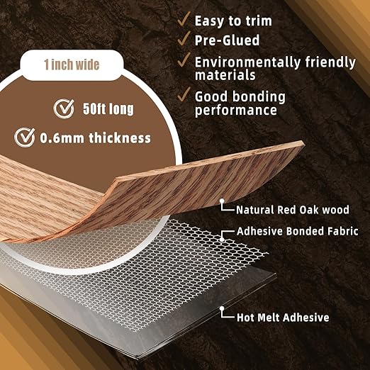 GSCIT Club Red Oak Edge Banding, 1 inch x 50ft roll of Veneer Edge Banding Pre-glued Flexible, Real Wood Tape Banding for Cabinet Repair Furniture Restoration, ZYKJ-1-50-RedOak