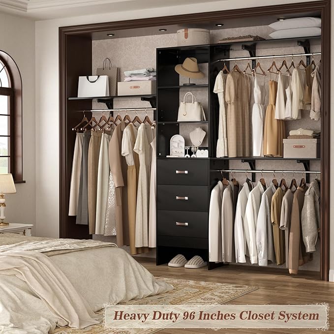 Armocity 96 Inches Closet System, 8FT Walk In Closet Organizer with 3 Shelving Towers, Heavy Duty Clothes Rack with 3 Drawers, Built-In Garment Rack, 96" L x 16" W x 75" H, Max Load 1000 LBS, Black