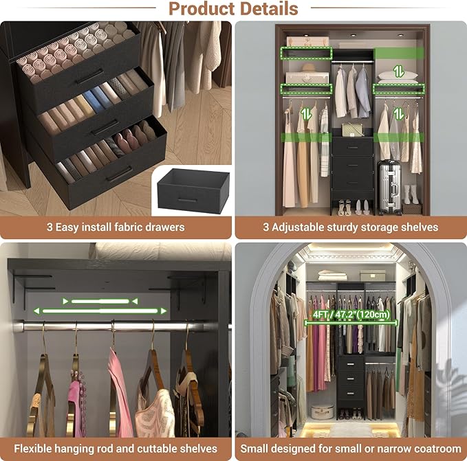 4FT Small Closet System with 3 Fabric Drawers, 48'' Closet Organizer System With 3 Adjustable Shelves, Flexible Built-In Clothes Garment Rack for Small Space, 48" L x 13" W x 71" H, Dark Black