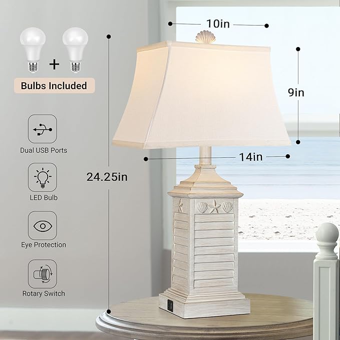 Hamucd Coastal Table Lamps Set of 2, Beach Living Lamps for Bedroom with USB A+C, Washed White Modern Resin LED 3-Color Temperature Bedside Nautical Decor, Nightstand Tropical Lamps for End Table.