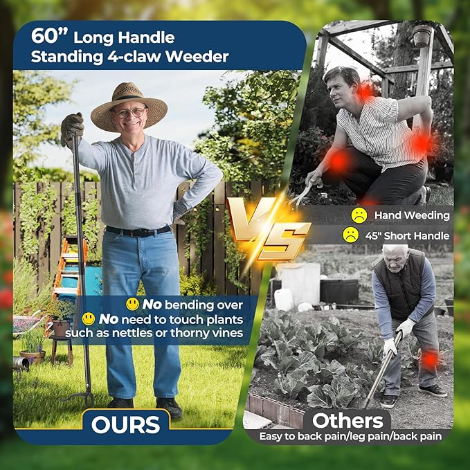 Weed Puller Tool, 60" Stand Up Manual Weeder - Unbreakable Aluminum Claw + Heavy-Duty Stainless Steel Rod, No-Bend Lawn Grass Grabber for Garden, Yard, Root Removal