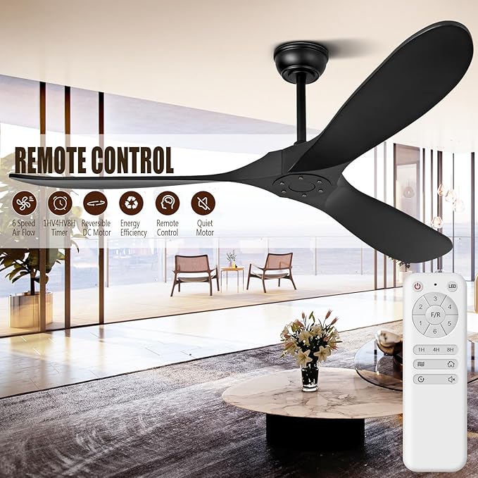 60" Ceiling Fans Without Light, Wood Ceiling Fan with Remote Control and Quiet DC Motor, Ceiling Fan no Light 3 Blades, Outdoor Ceiling Fans for Patios without Lights