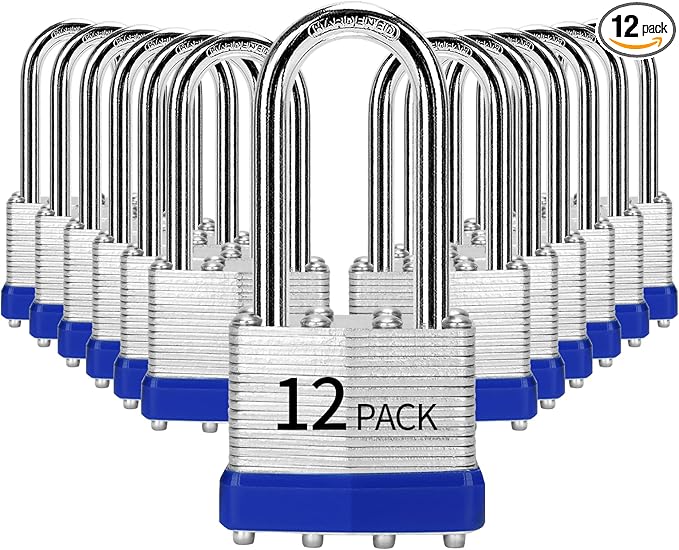 Padlocks Keyed Alike, Pack of 12, Laminated Steel Keyed Lock (1-9/16", 40mm), Padlocks with Same Key, Long Shackle, for Toolbox, Locker & StorageUnit or More