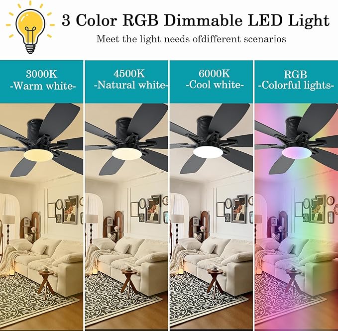 52inch Black Ceiling Fans with Lights and Remote/App Control, Low Profile Ceiling Fan with Light and 6 Double-Side blades, Flush Mount, LED/RGB Dimmable DC Reversible Modern Ceiling Fan for Bedroom