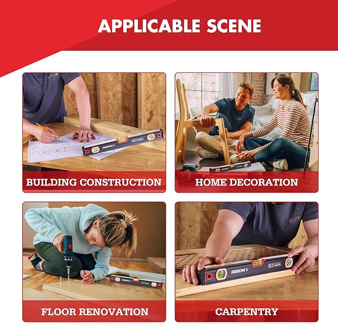 ARROW 16-Inch Level, Magnetic Torpedo Level with 45°/90°/180° Bubbles, Aluminum Alloy Body, Precision-Machined Base, Shockproof Rubber End Caps, V-Groove & Hanging Hole for Construction, Carpentry