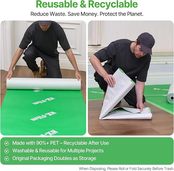 39" x 200' Heavy-Duty Floor Protection | Construction Grade Carpet Protector | Drop Cloth Plastic Film for Hardwood Floors | Waterproof Painters Covering with No Residue (Green)