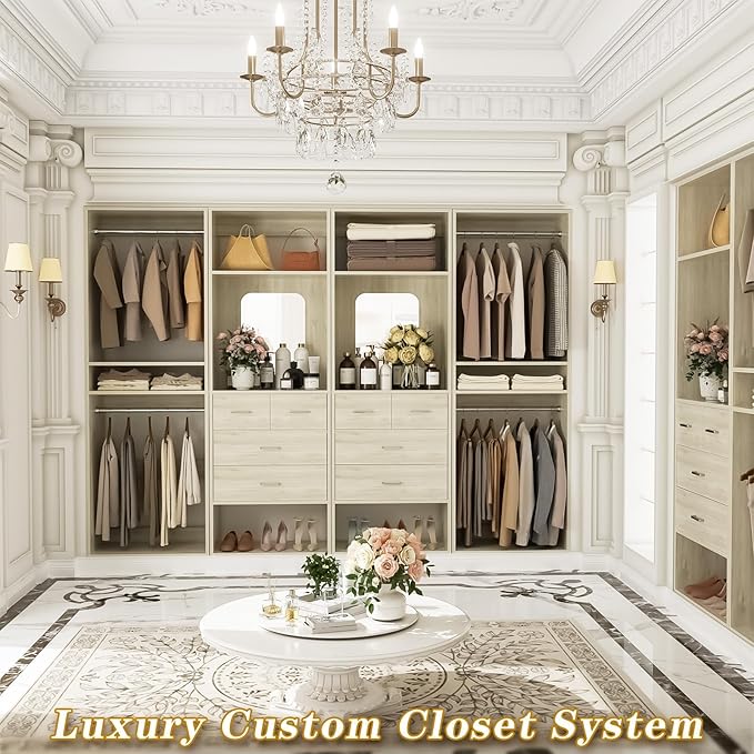Unikito 100” Closet System with Drawers, 8.3FT Wood Closet Organizer with Hanging Rods and Mirror Design, Reversible Large Walk in Closets Tower Garment Racks with Shelves, White Oak