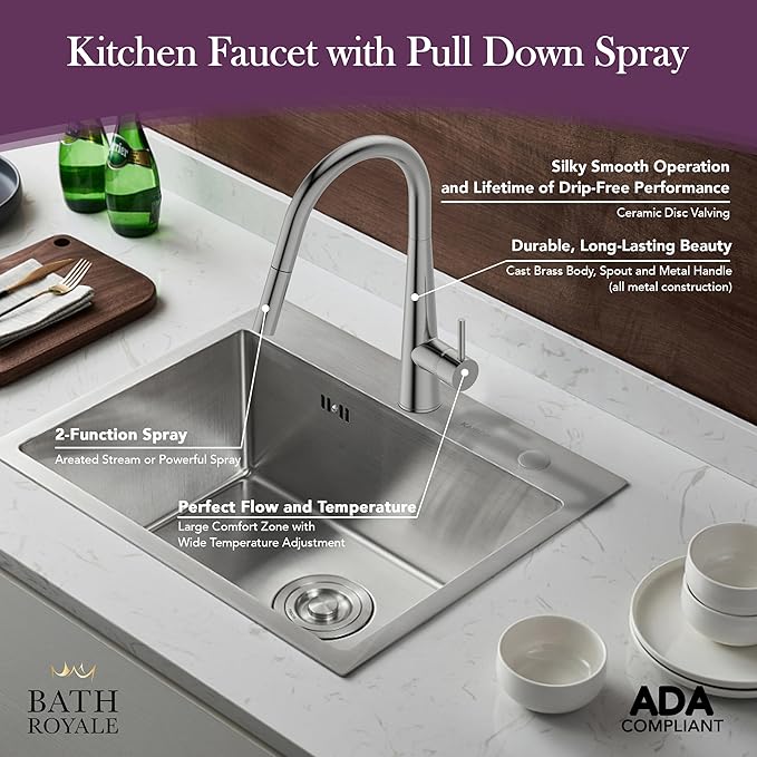 Bath Royale Modern Kitchen Faucet with Pull Out Spray - Single Control, All Metal, Matte Black