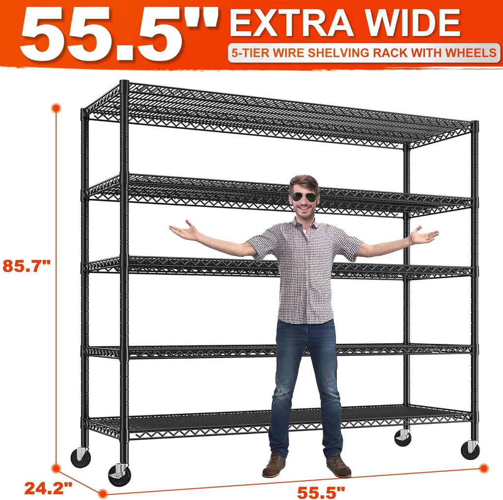REIBII 85.7" H Storage Shelves 2998LBS Metal Shelving Unit with Wheels & Feet, 5 Tier Garage Shelving Heavy Duty Adjustable Wire Shelf for Pantry Kitchen Garage, 85.7" H X 55.5" W X 24.2" D, 2PCS
