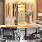 Homieasy 96 Inches Closet Organizer System, 8FT Customizable Walk In Closet Organizer with Hanging Rods, 3 Leather Handle Drawers Garment Rack, 96" L x 16" W x 75" H, Max Load 1000 LBS, White Oak