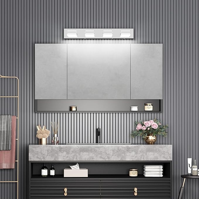 Ralbay 30inch Chrome Vanity Light for Bathroom with 5 Color Temperatures (3000K-6000K) Dimmable Stainless Steel Acrylic LED Modern Chrome Bathroom Light Fixtures (4-Light)