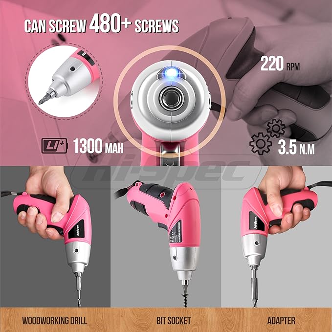 Hi-Spec Electric Screwdriver 27pc 3.6V Pink USB Small Power Screwdriver Set. Cordless & Rechargeable with Driver Bit Set