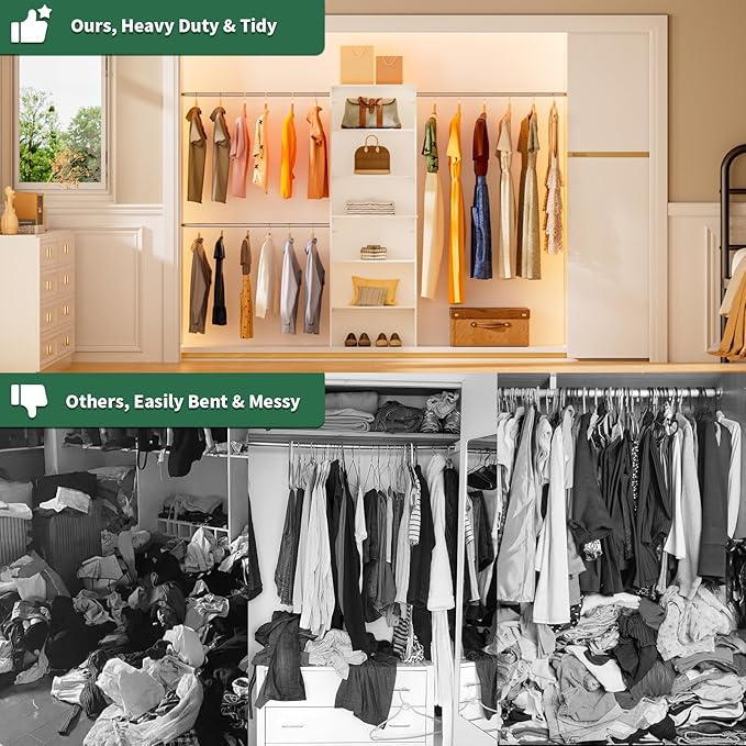 Closet System, 25.5" Wide Closet Organizer System with 3 Hanging Rods, Wood Tower Closet Storage for Walk In Closets, Wall Mounted Wardrobe Organizer Kit, Bedroom, Fit Space 6-10 ft, White