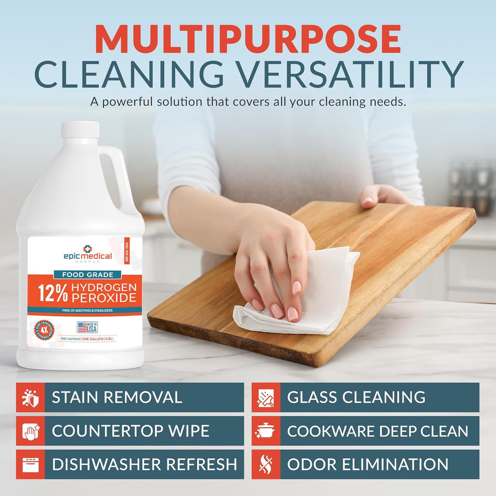 12% Food Grade Hydrogen Peroxide – Ultra-Concentrated H2O2 Peroxide Cleaner – 1 Gallon Bottle – Bleach Alternative for Household Cleaning, Laundry, Glass & More – Made in USA (1)