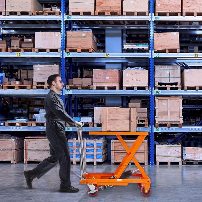 VEVOR Hydraulic Lift Table Cart, 500lbs Capacity 28.5" Lifting Height, Manual Single Scissor Lift Table with 4 Wheels and Non-Slip Pad, Hydraulic Scissor Cart for Material Handling, Orange